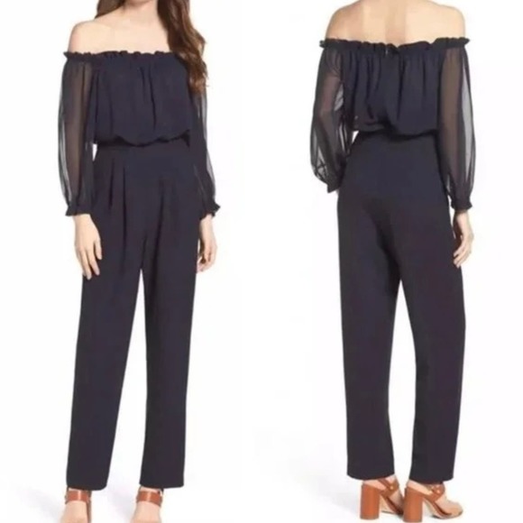 Eliza J Navy Off Shoulder Chiffon Crepe Jumpsuit Straight Leg Sz. 8 - Picture 1 of 14